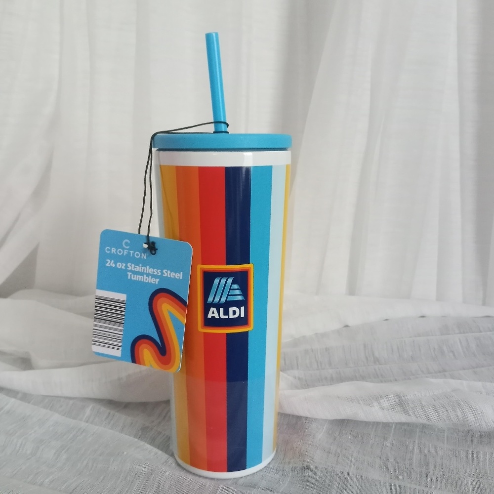 ALDI Super Fan Stainless Tumbler NEW Rainbow Striped 2023 To Go Mug 24oz NWT